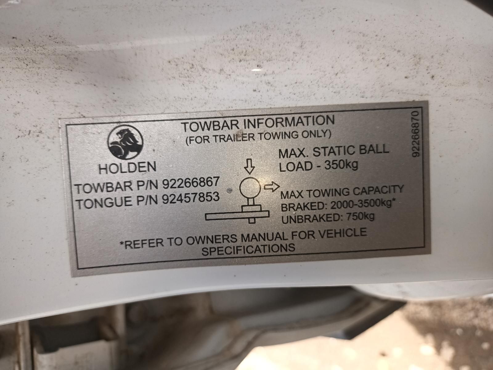 A Close Up of a Towbar Information Label on a Vehicle — South West 4WD Wreckers In Brisbane, QLD