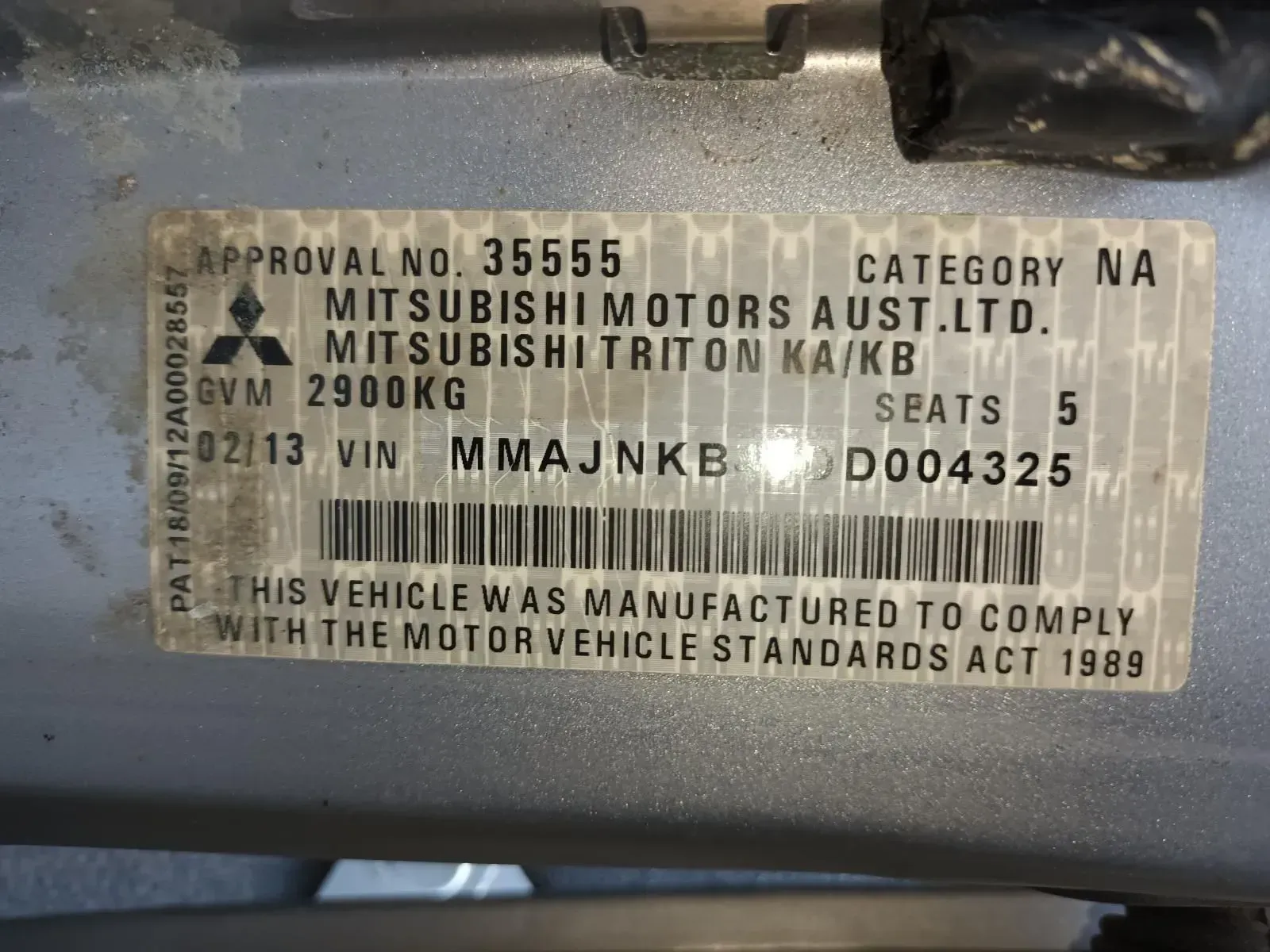 Vehicle Compliance Label With Mitsubishi Logo, Details Include Approval Number — South West 4WD Wreckers In Brisbane, QLD
