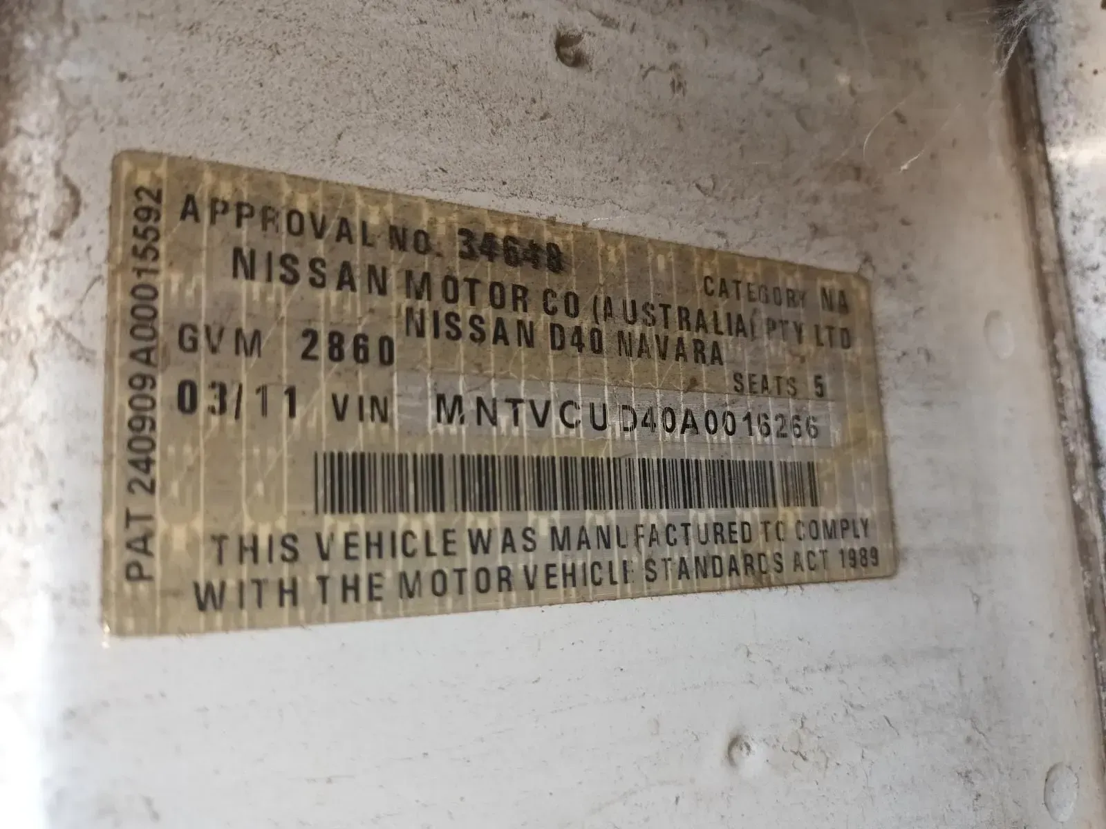 Vehicle Compliance Label on a Nissan — South West 4WD Wreckers In Brisbane, QLD