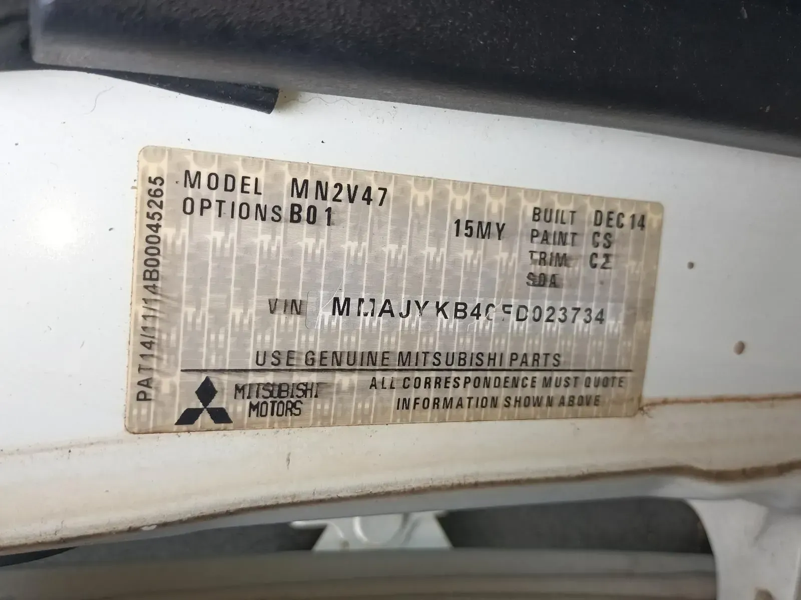 Vehicle Identification Sticker With Model, Options, Build Date, and Vin — South West 4WD Wreckers In Brisbane, QLD