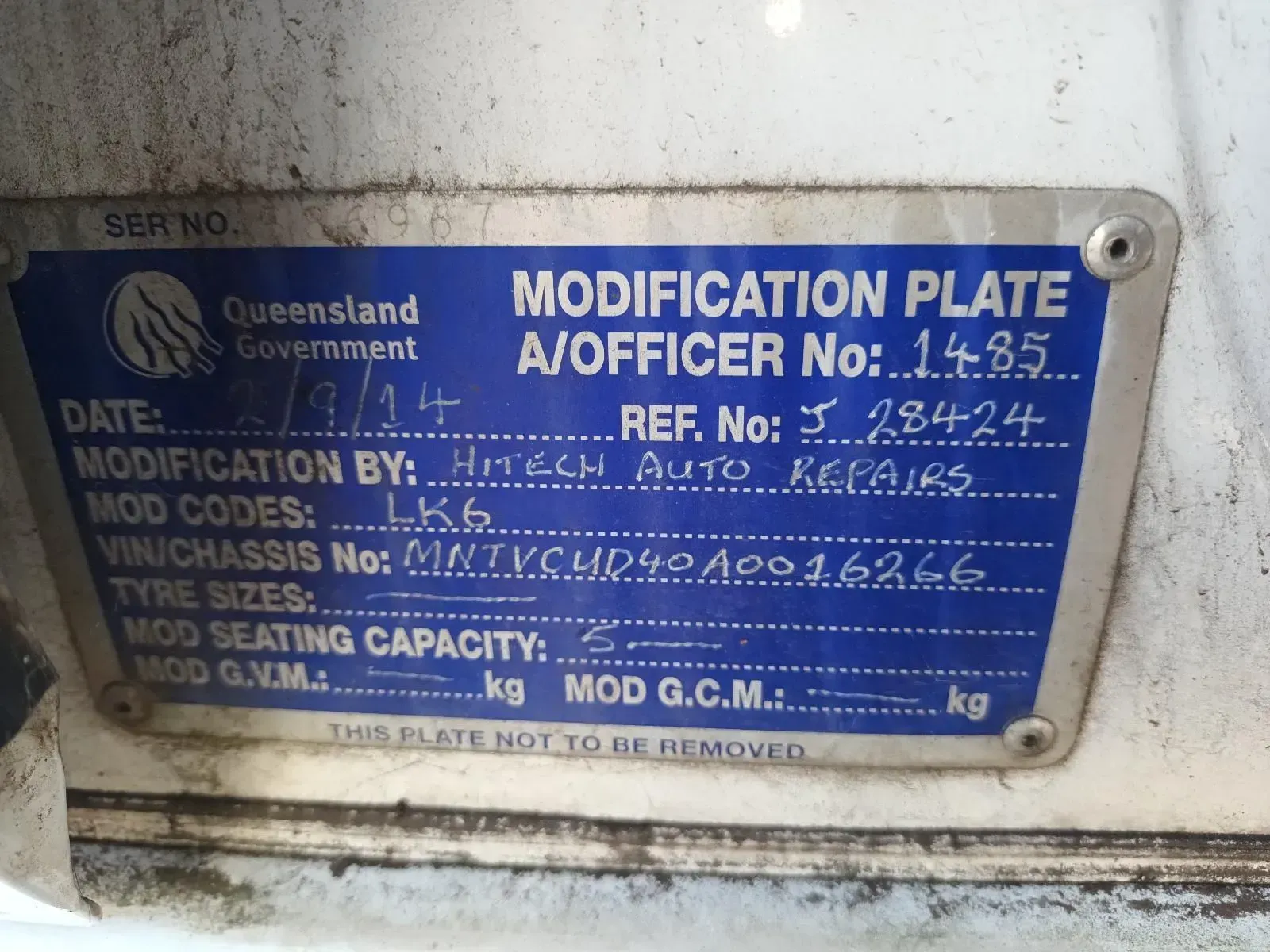 Modification Plate From Queensland Government — South West 4WD Wreckers In Brisbane, QLD