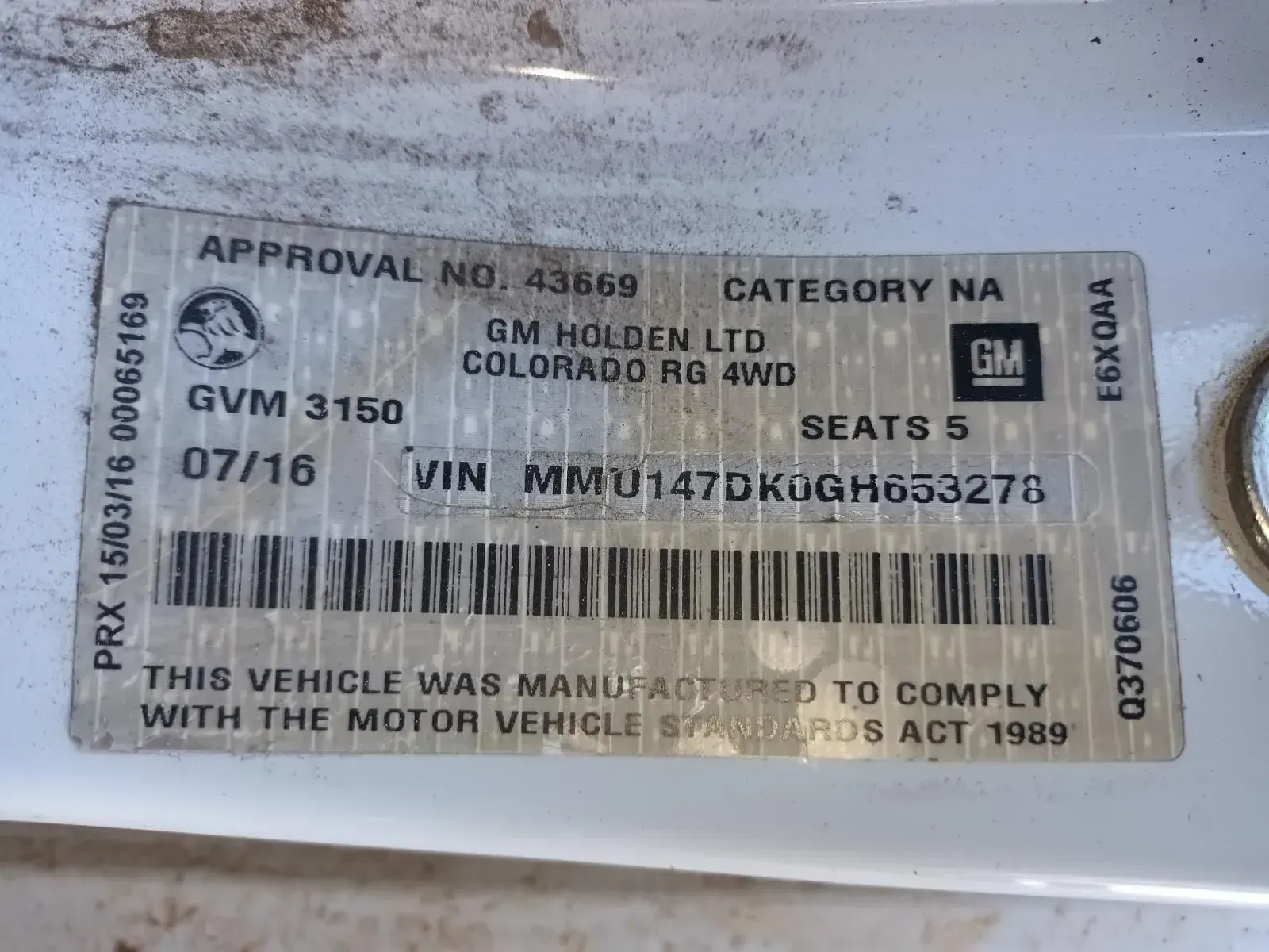 Vehicle Compliance Label With Vin — South West 4WD Wreckers In Brisbane, QLD