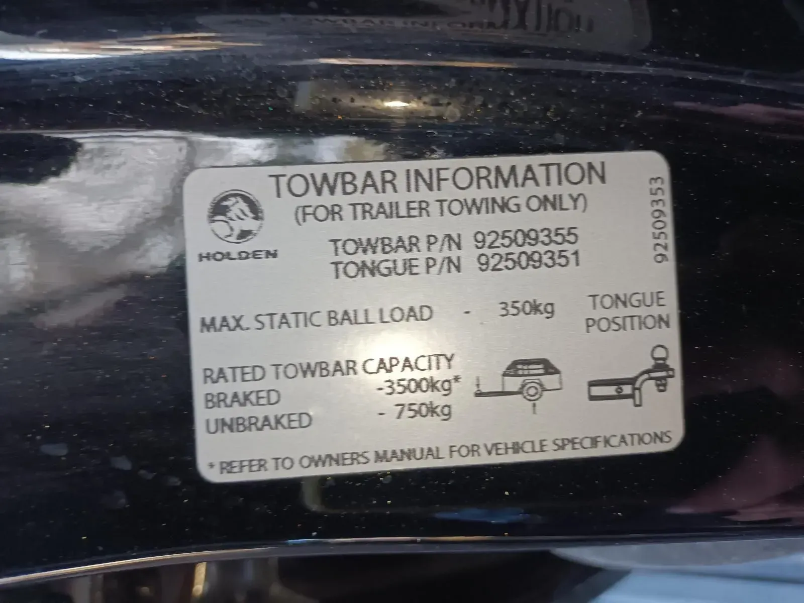 Towbar Information Sticker on a Holden Vehicle — South West 4WD Wreckers In Brisbane, QLD