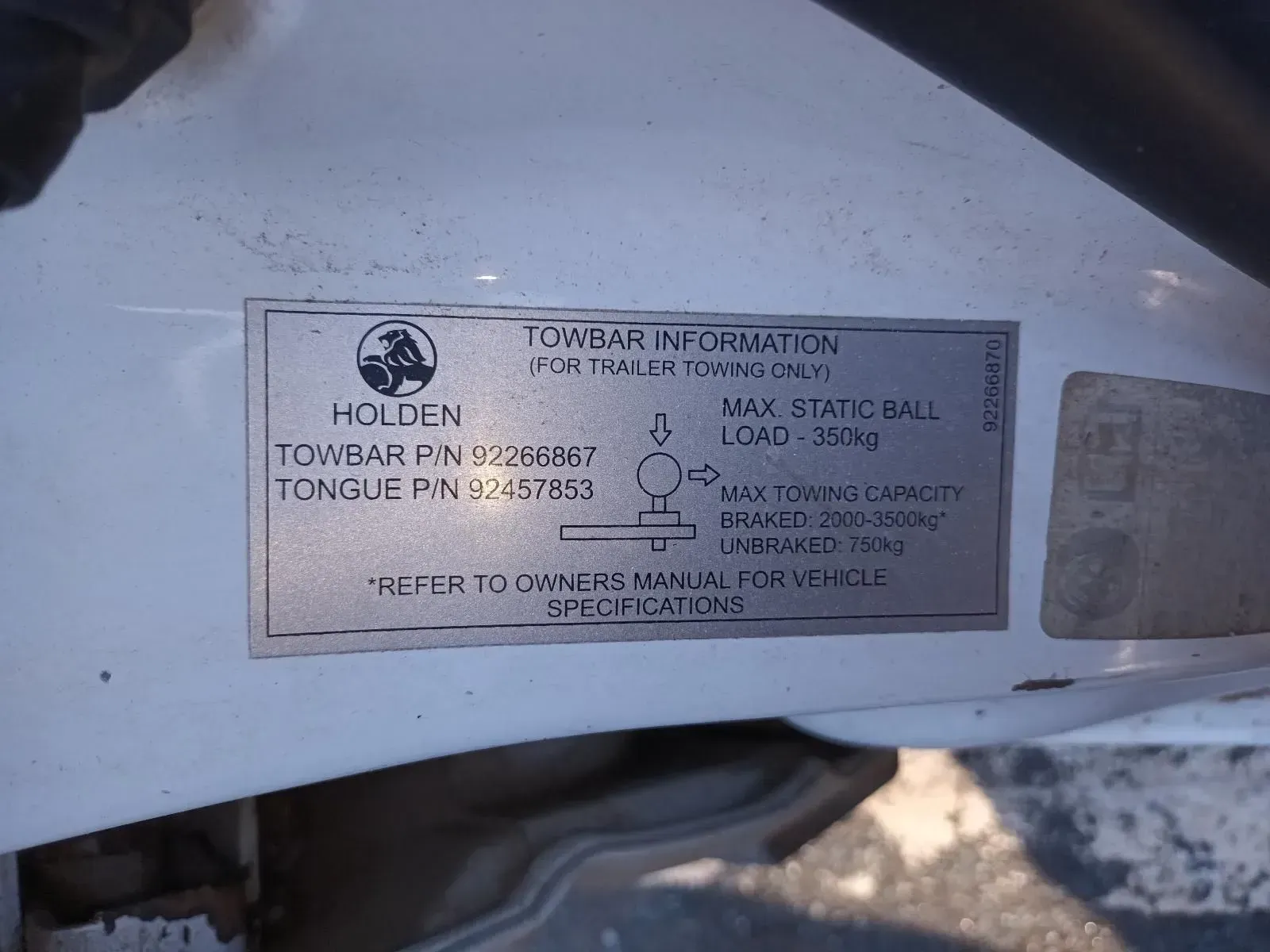 Silver Holden Towbar Information Plate — South West 4WD Wreckers In Brisbane, QLD