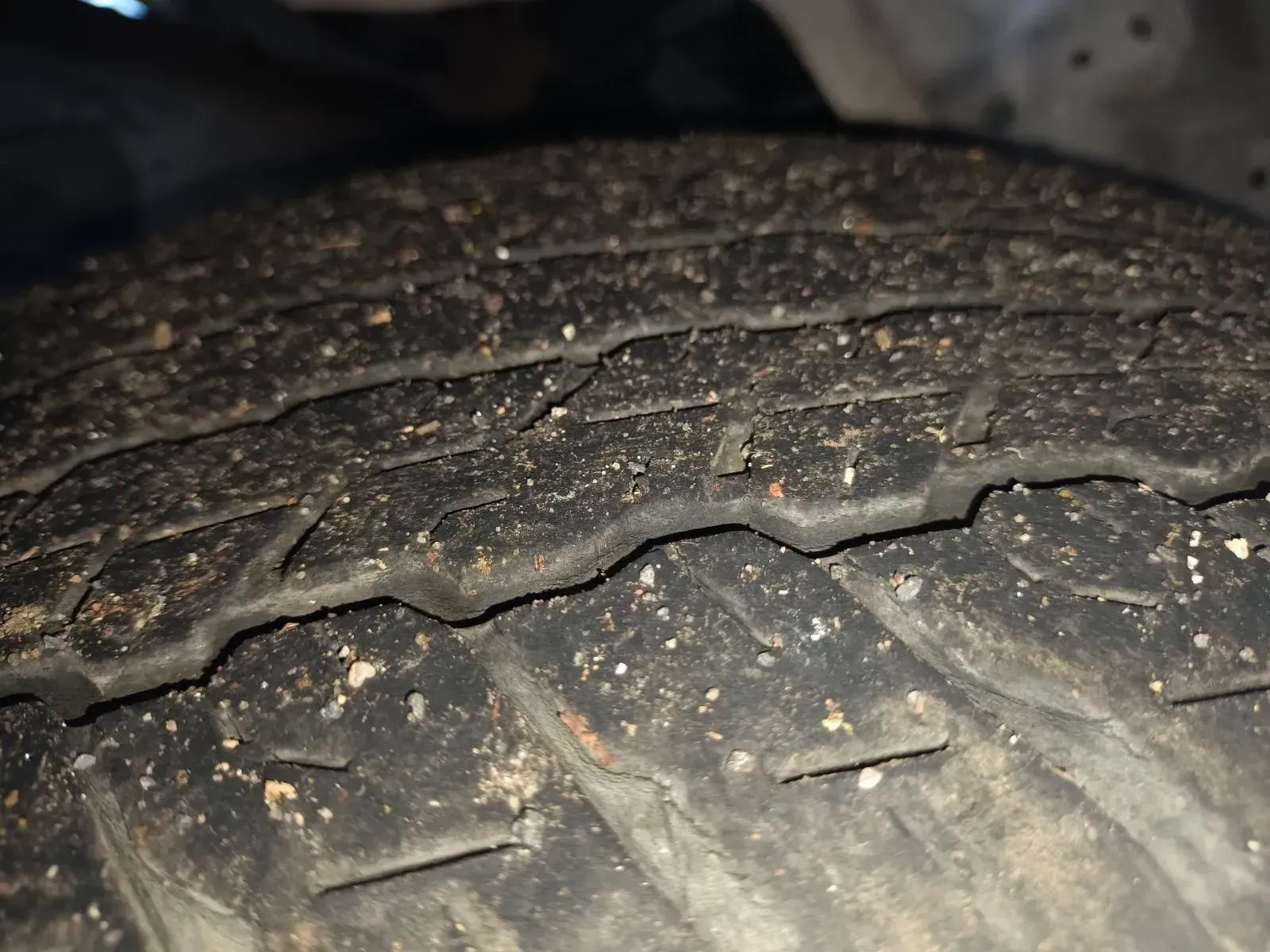 Close-up of a Dirty Tyre Tread, Showing Worn Rubber With Visible Grooves — South West 4WD Wreckers In Brisbane, QLD