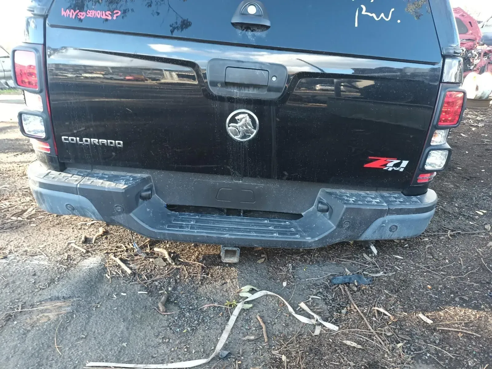 Black Holden Colorado Pickup Truck Rear, Z71 Badge, Tow Hitch, Outdoor Setting — South West 4WD Wreckers In Brisbane, QLD