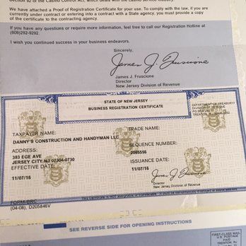 New Jersey Business Registration Certificate for Danny's Construction and Handyman LLC, with tax, trade, and address details.