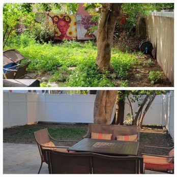 Before and after photos of a backyard. Top: overgrown with trees and art. Bottom: clean with patio furniture and a white fence.