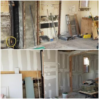 Two images show a room during renovation. Top: demolition. Bottom: drywall installation.