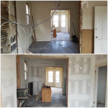 Renovation of a room: before and after, showing bare walls, electrical wiring, and then with drywall.