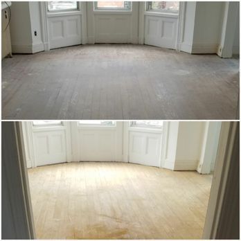 Two photos showing hardwood floor refinishing: before (gray) and after (light wood) in a room with white trim.
