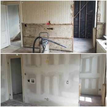 Top: Interior room under construction with exposed wall, vacuum. Bottom: Partially finished drywall in the same room.