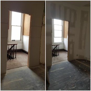 Two side-by-side views of a room opening. One is framed with drywall, the other with drywall tape and mud. A window is visible.