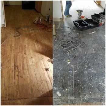Comparison of hardwood floor before and after refinishing. The unfinished floor is lighter and has visible wear. The refinished floor is dark and shows a smooth finish.