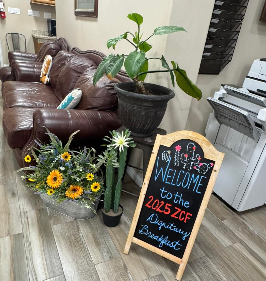 A sign that says welcome to the 2025 zcf deputy breakfast.