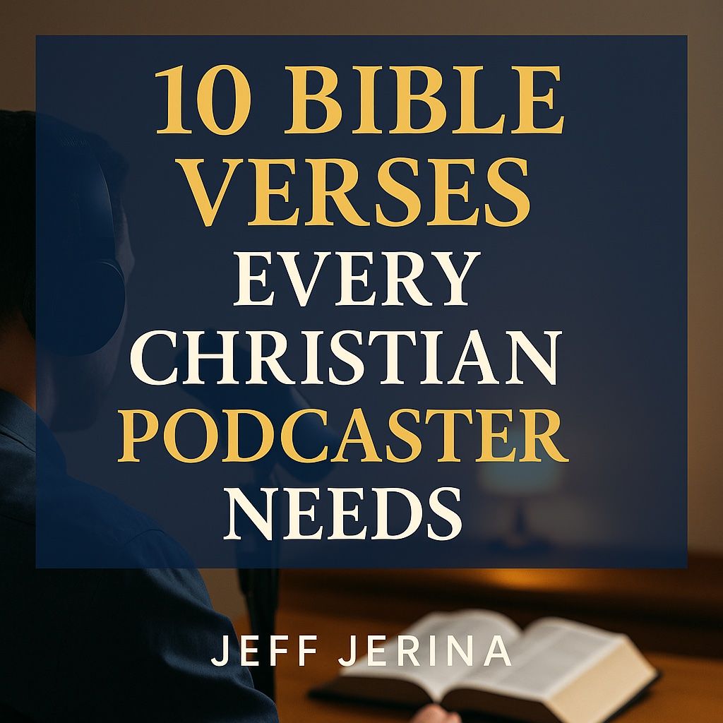 Image of a person reading the Bible with wording of 10 Bible verses every Christian podcaster needs