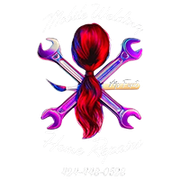 Ms Fix It, Logo: Woman's hair ponytail between crossed wrenches and paintbrush; white text 