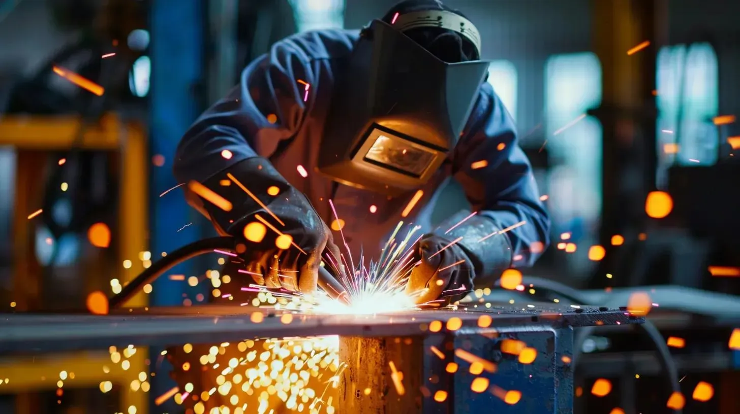 Welder in a protective mask and gloves welding metal, sparks flying in workshop.