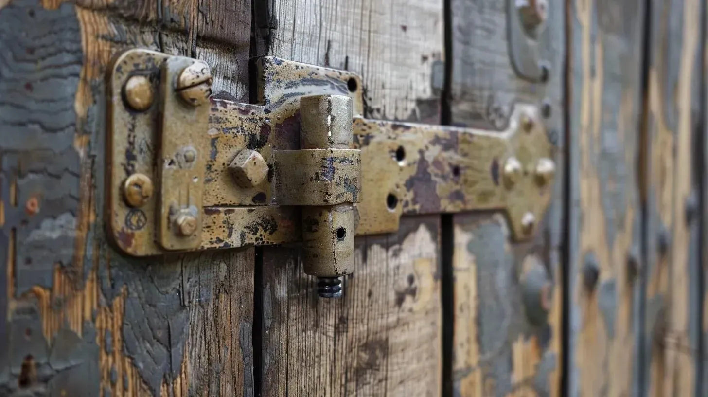 Close-up of weathered, brass-colored latch on a worn, wooden door.