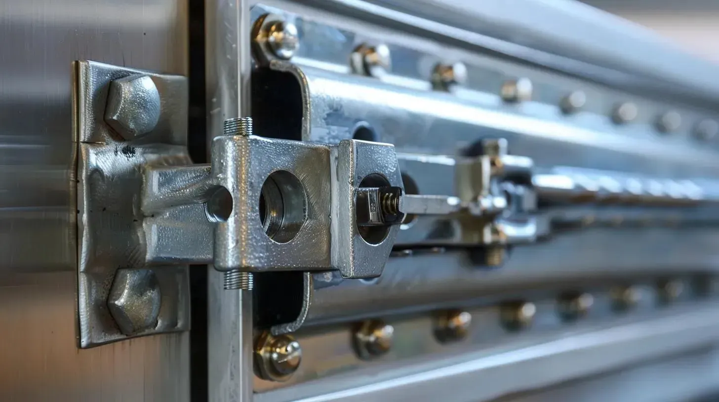 Metal latch on a silver, industrial-style door, bolted and riveted, close-up shot.
