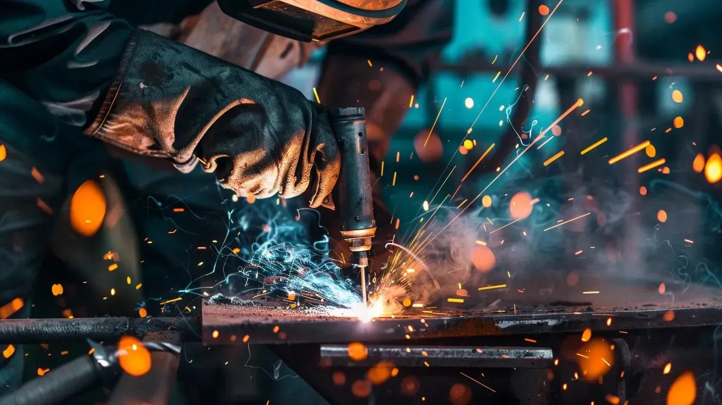 Welder in action, sparks flying, welding metal in a workshop, bright orange and blue light.