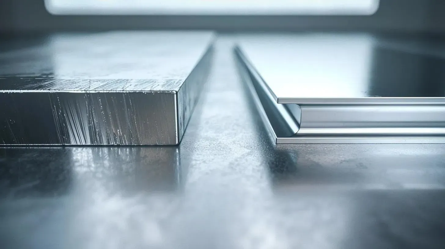 Two silver metal sheets, one thick and rough, the other thin and smooth, resting on a reflective surface.