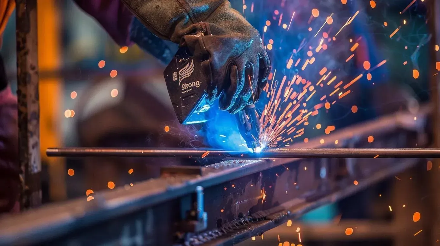 Welder in gloves using a torch, with sparks and bright blue light.