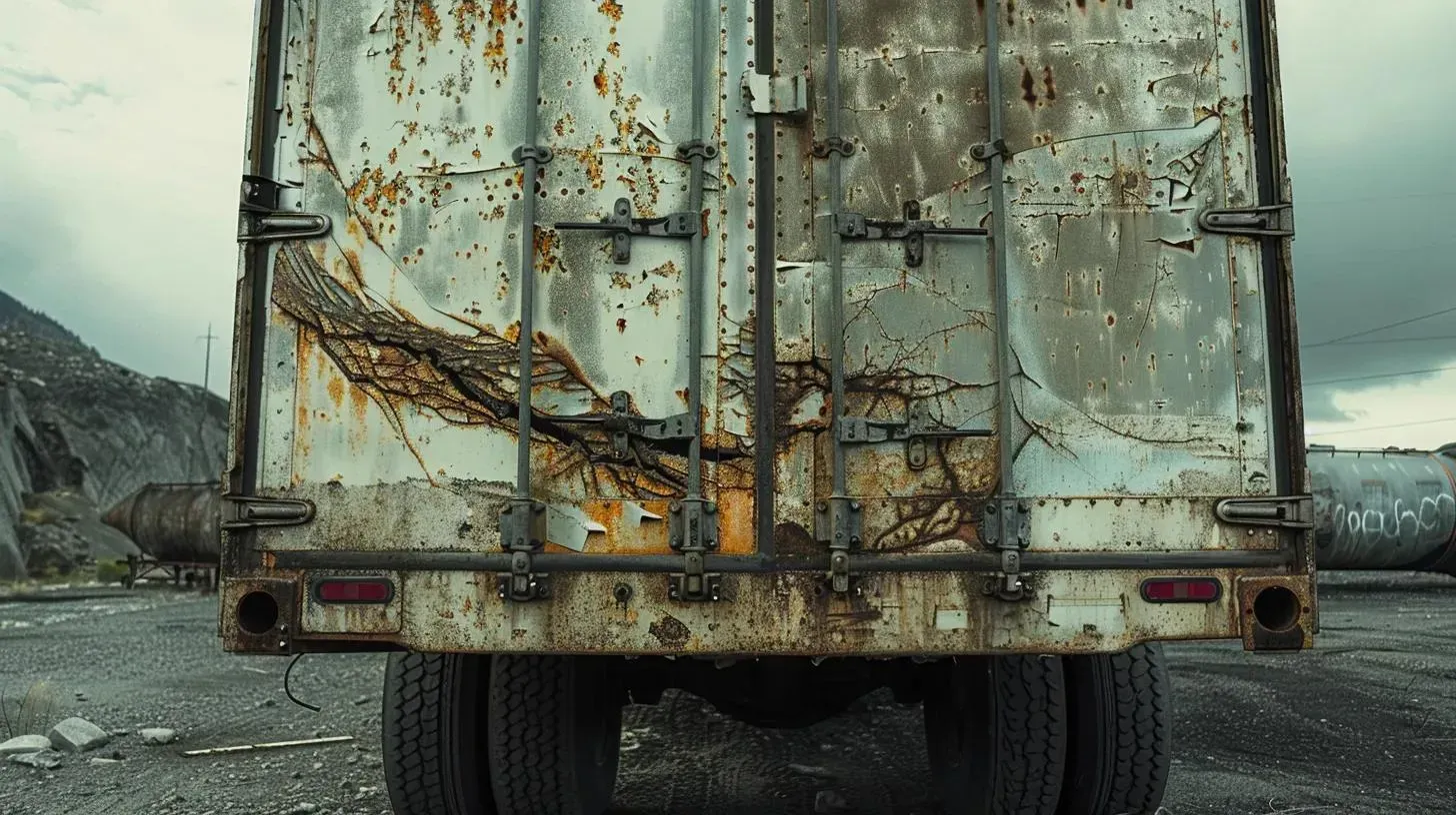 Rusty truck trailer in a desolate landscape with significant damage.