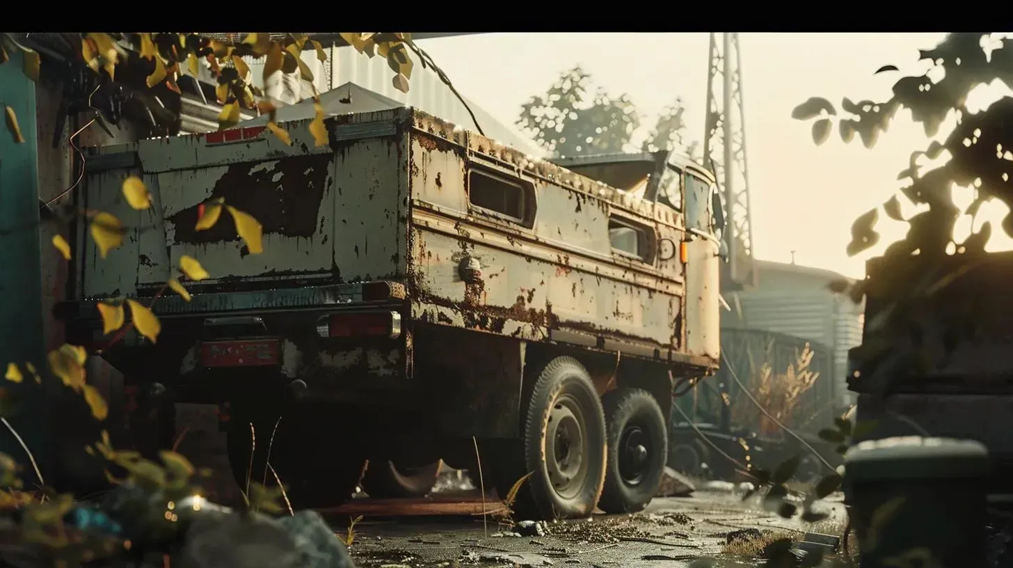 Rusty, abandoned truck in a decaying outdoor setting, overgrown with foliage.