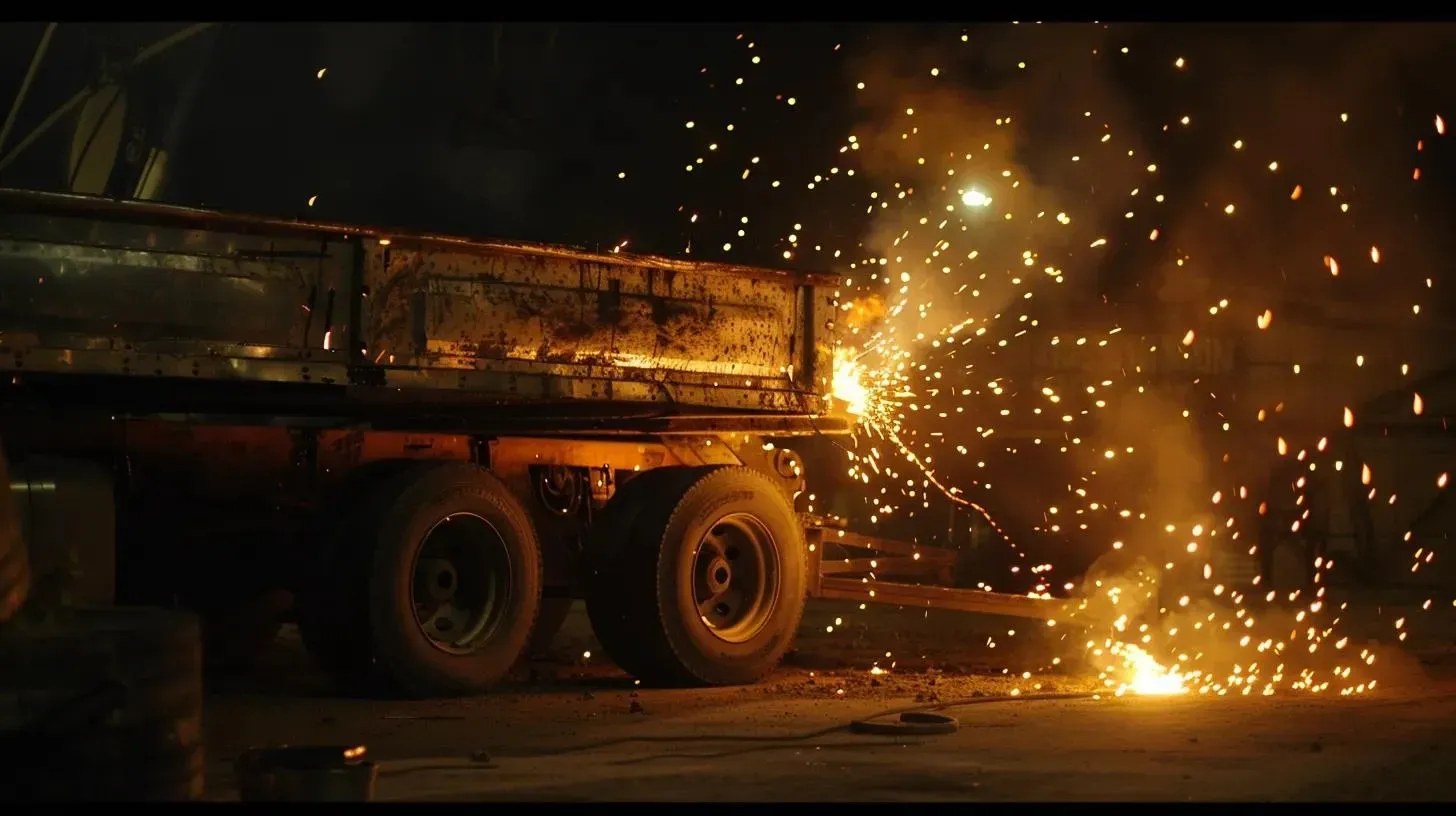 Welding sparks erupt from the side of a large truck bed at night.