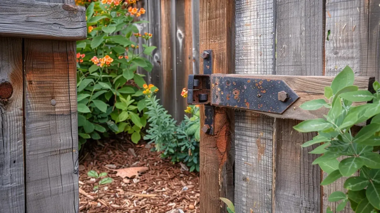 Gate hinge repair next to a wood fence and mulch