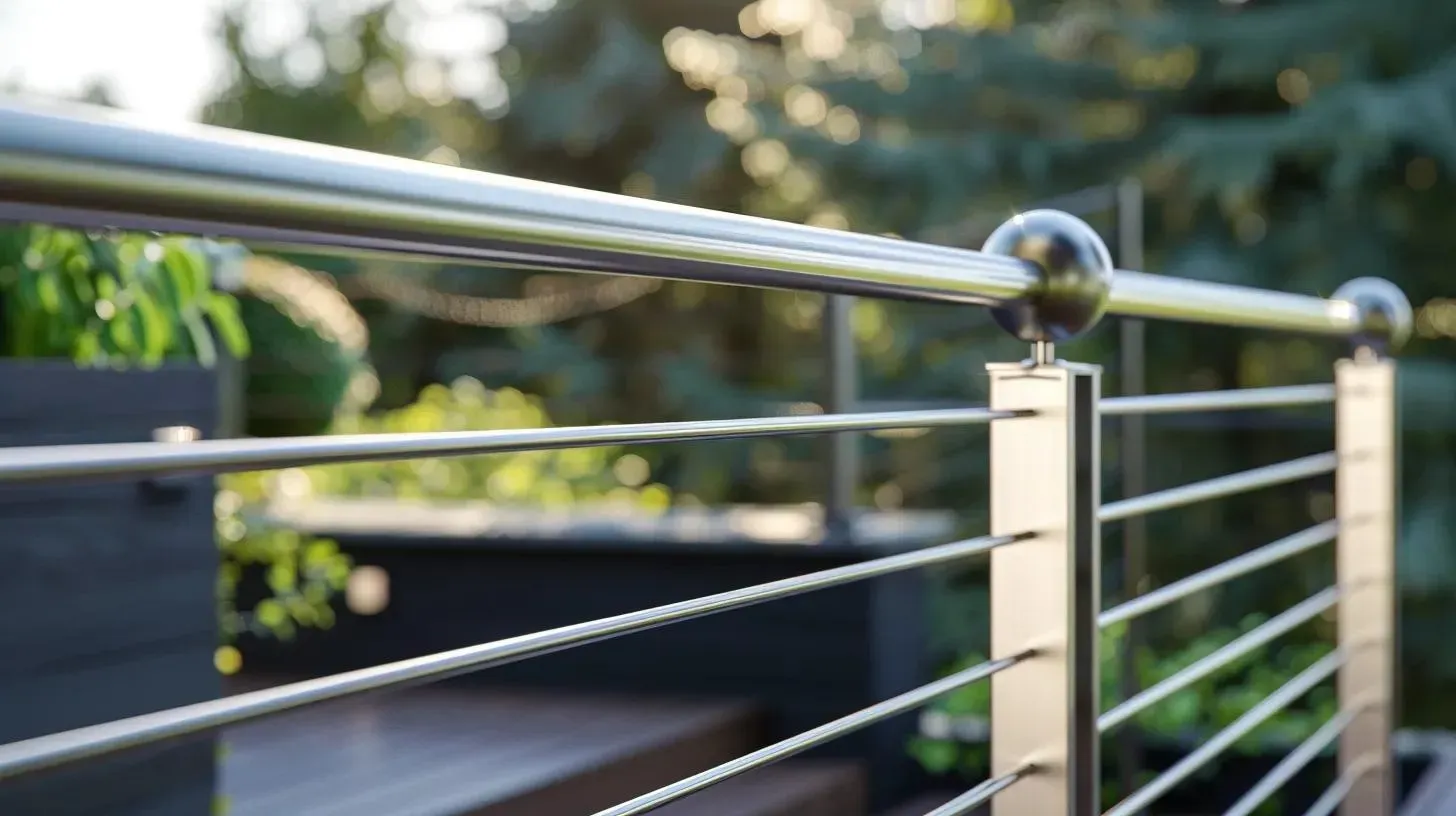 Stainless steel railing with blurred greenery and outdoor deck in the background