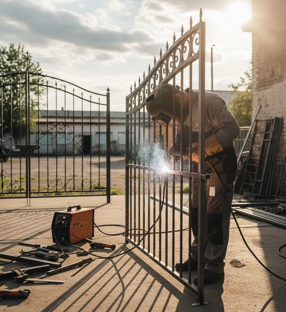 Welder using a welding torch on a metal gate outdoors, orange welding machine nearby.