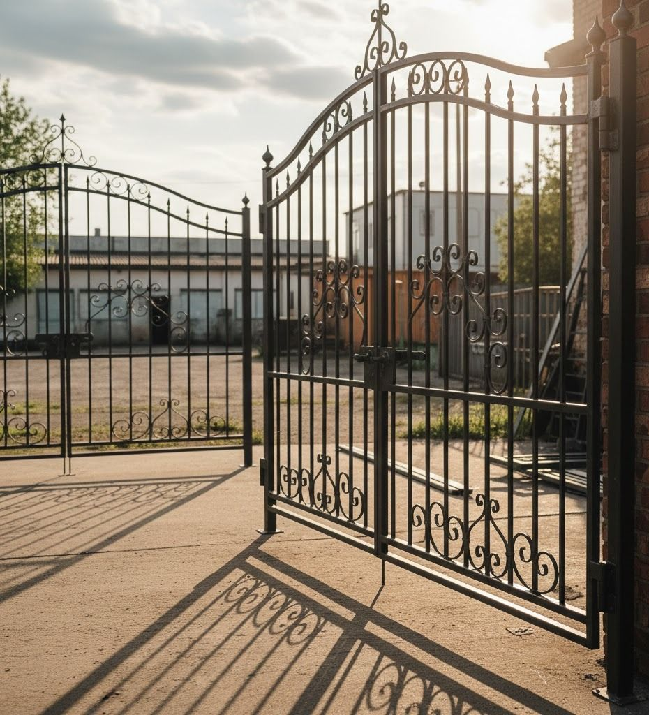 Open, ornate black metal gate casting a shadow on a concrete surface, leading to a building.