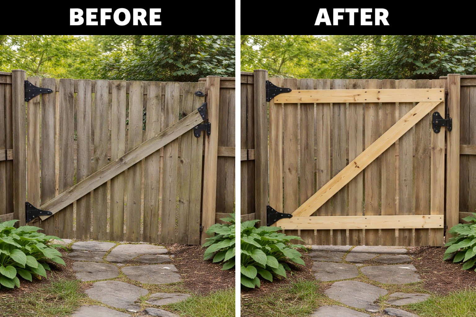 Fence gate repair: Before shows sagging, after shows Z-braced gate. Brown wood, black hardware, outdoor setting.