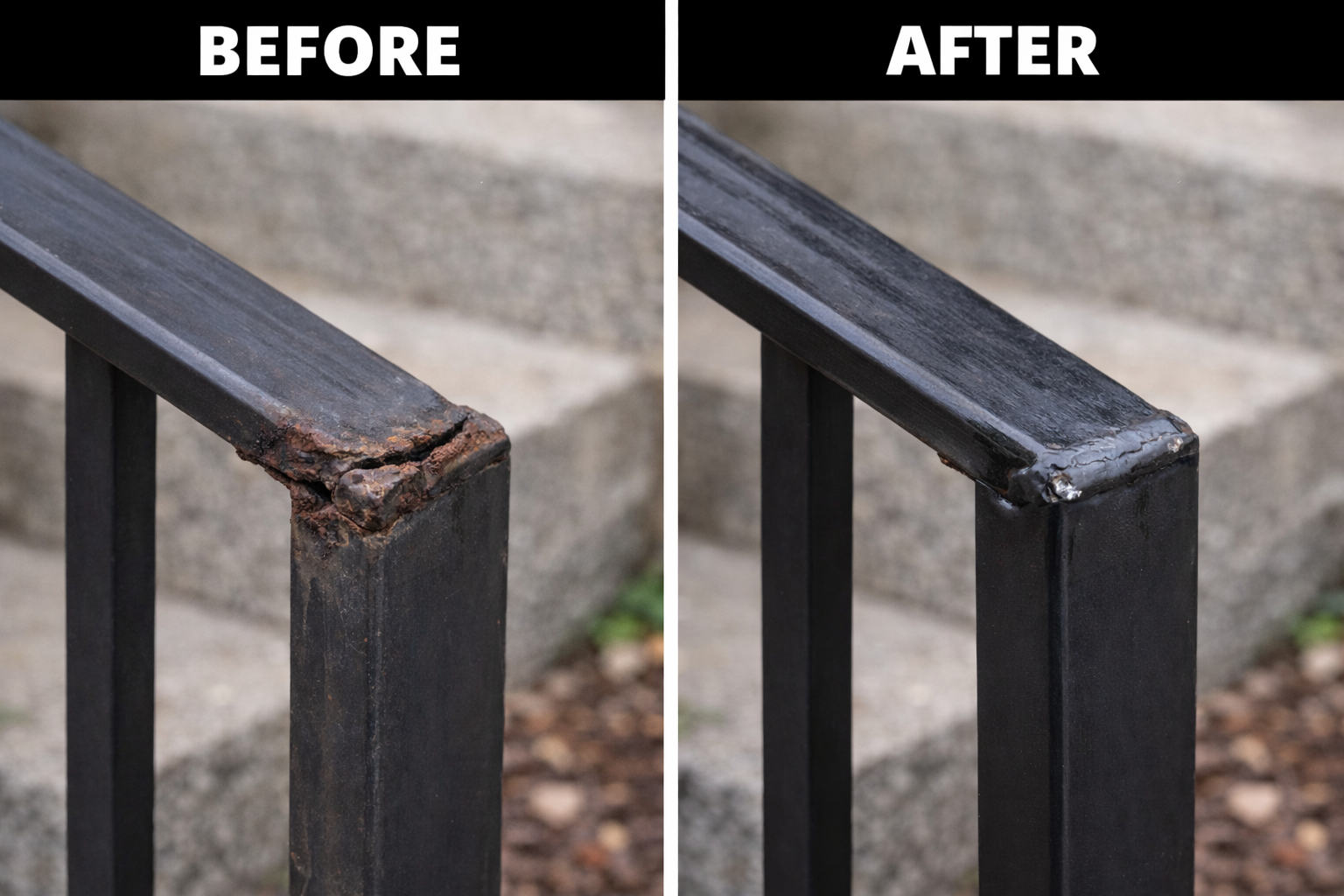 Before and after comparison of a black metal railing. The before shows significant rust damage at a joint. The after shows the repaired railing.