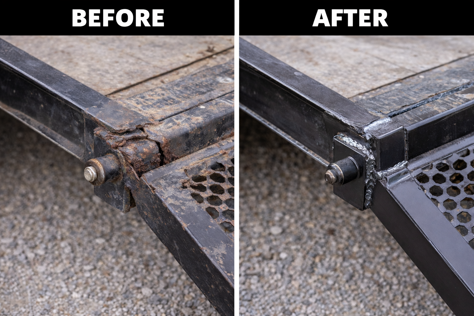 Before and after repair of a rusty metal trailer ramp hinge. The repaired hinge is black.