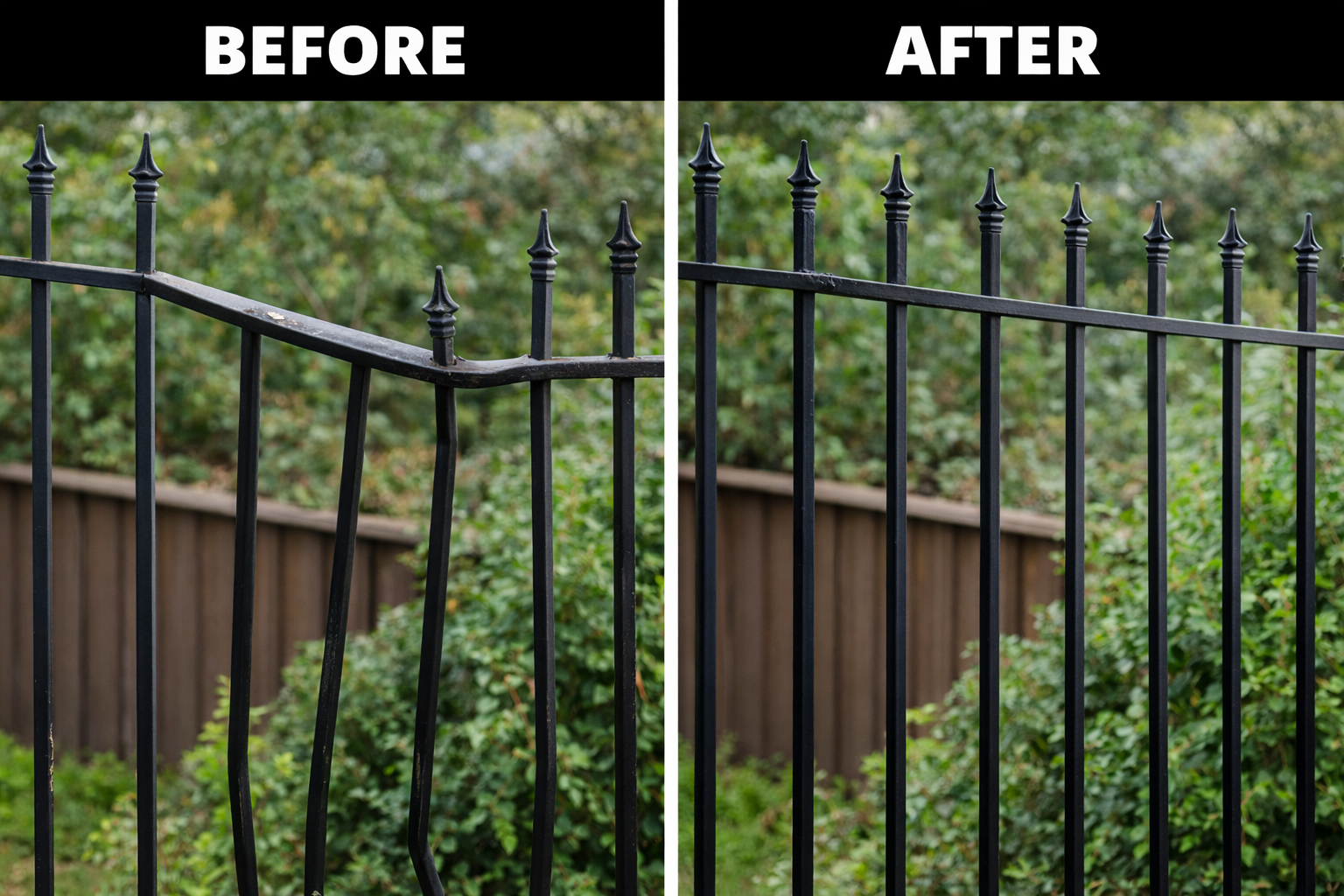 Black metal fence, before and after repair. Before shows bent section; after shows straightened.