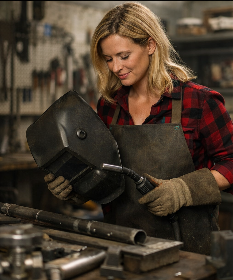 Woman wearing welding gear in a workshop, looking down with a focused expression.