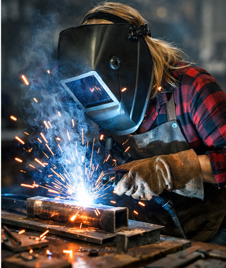 Welder in a workshop, sparks flying, wearing a protective mask, gloves, and apron.