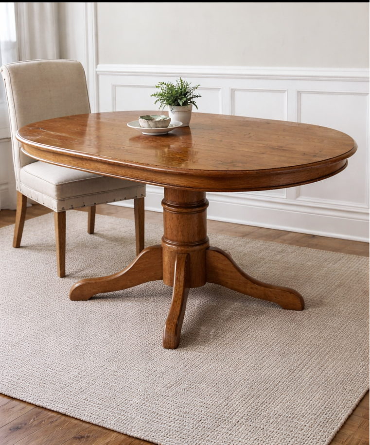 Oval wooden dining table with center pedestal base, a chair, and a rug.