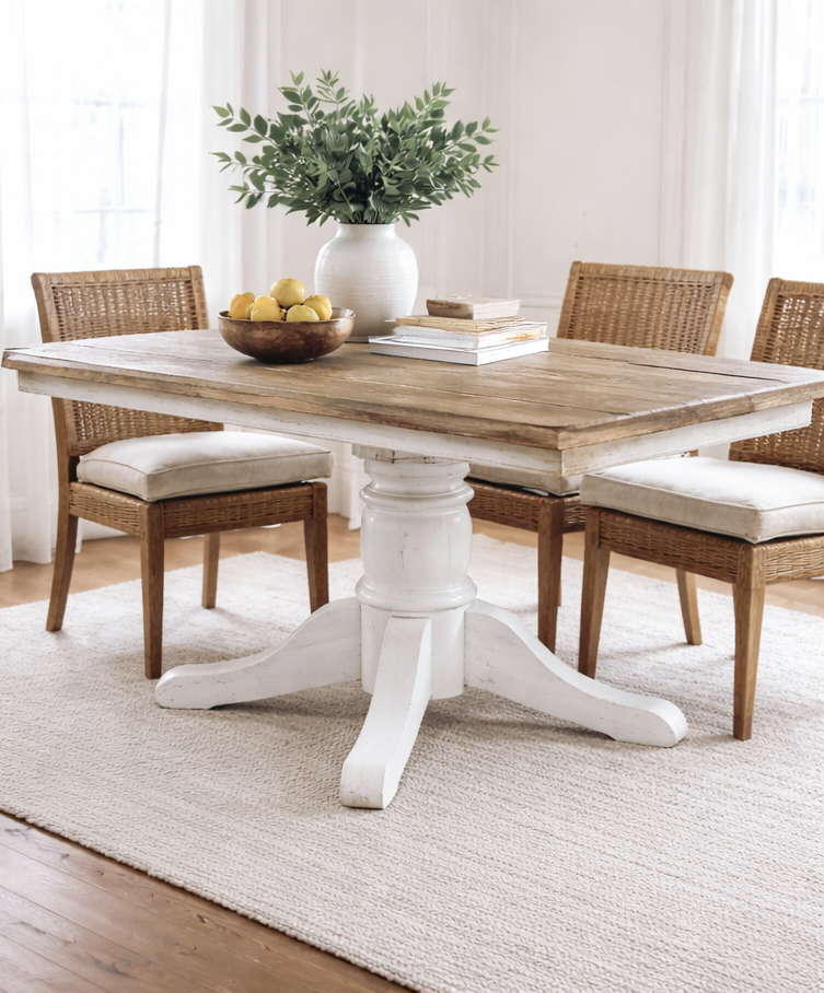 Dining room set with white pedestal table, rattan chairs, and rug.