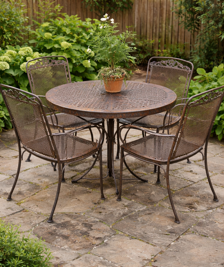 Round metal patio table with four matching chairs, a plant, and lush greenery.