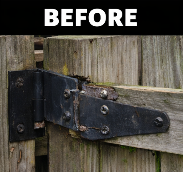 Rusty black gate hinge on weathered wooden fence.