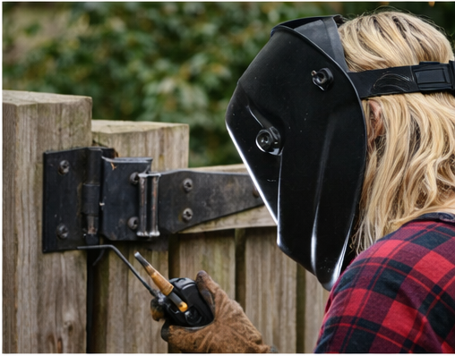 Person welding a metal hinge to a wooden fence while wearing a welding mask and gloves.