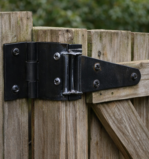 Black hinge attached to a wooden fence.