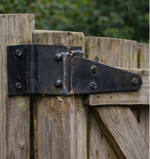 Black gate hinge attached to weathered wooden fence posts.