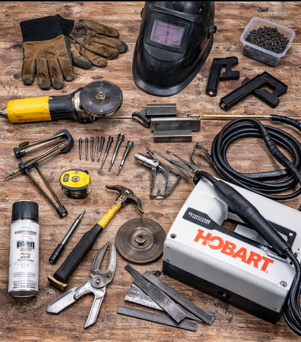 Welding tools on a wooden surface: gloves, grinder, mask, welder, pliers, hammer, spray paint, and metal pieces.