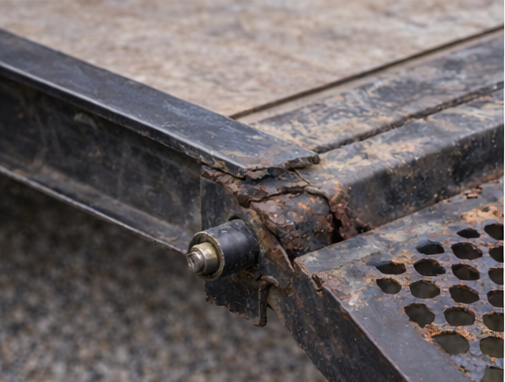 Close-up of a trailer ramp hinge, showing significant rust and metal damage.