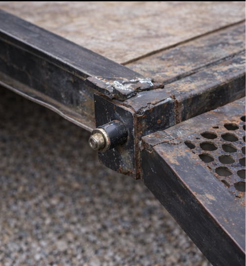 Metal trailer ramp with a pin connecting it to the trailer.